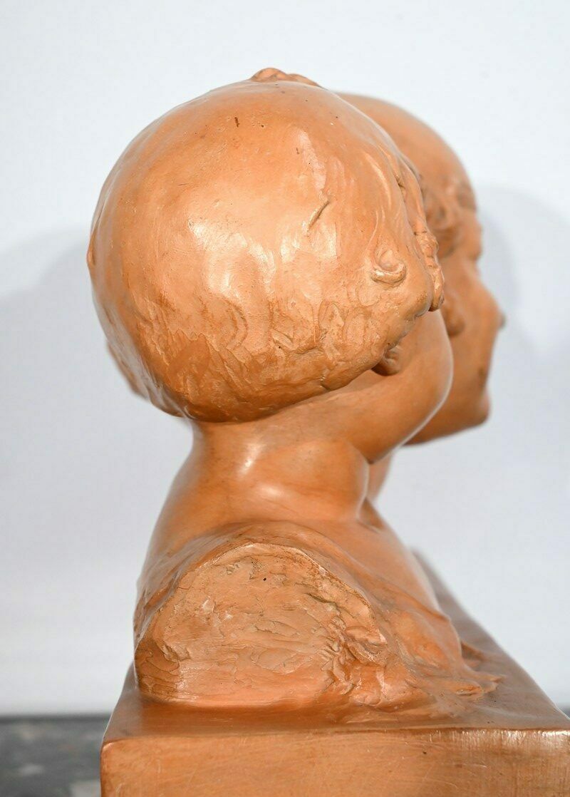 Home Decor Group In Patinated Terracotta, “Mother And Her Children”, Signed P. Dumont, Art Deco – 1920 photo
