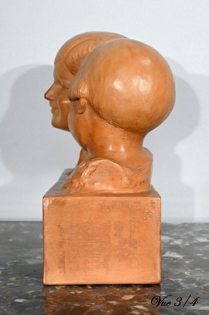 photo vinterior Group In Patinated Terracotta, “Mother And Her Children”, Signed P. Dumont, Art Deco – 1920