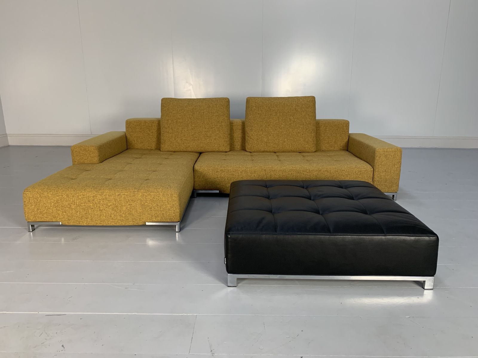 Zanotta “Alfa 1326” L  Shape Sofa & Ottoman – In Mustard Yellow Linen & Black Leather photo furniture