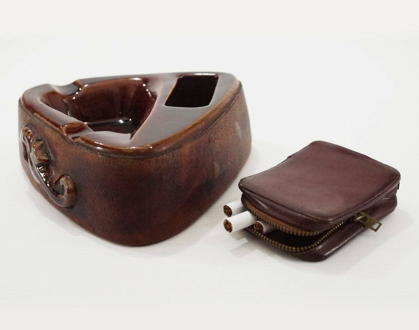 Antique French Ceramic Ashtray With Leather Case photo furniture