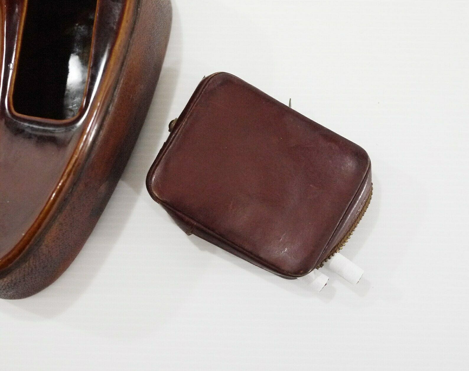 Home Decor Antique French Ceramic Ashtray With Leather Case photo