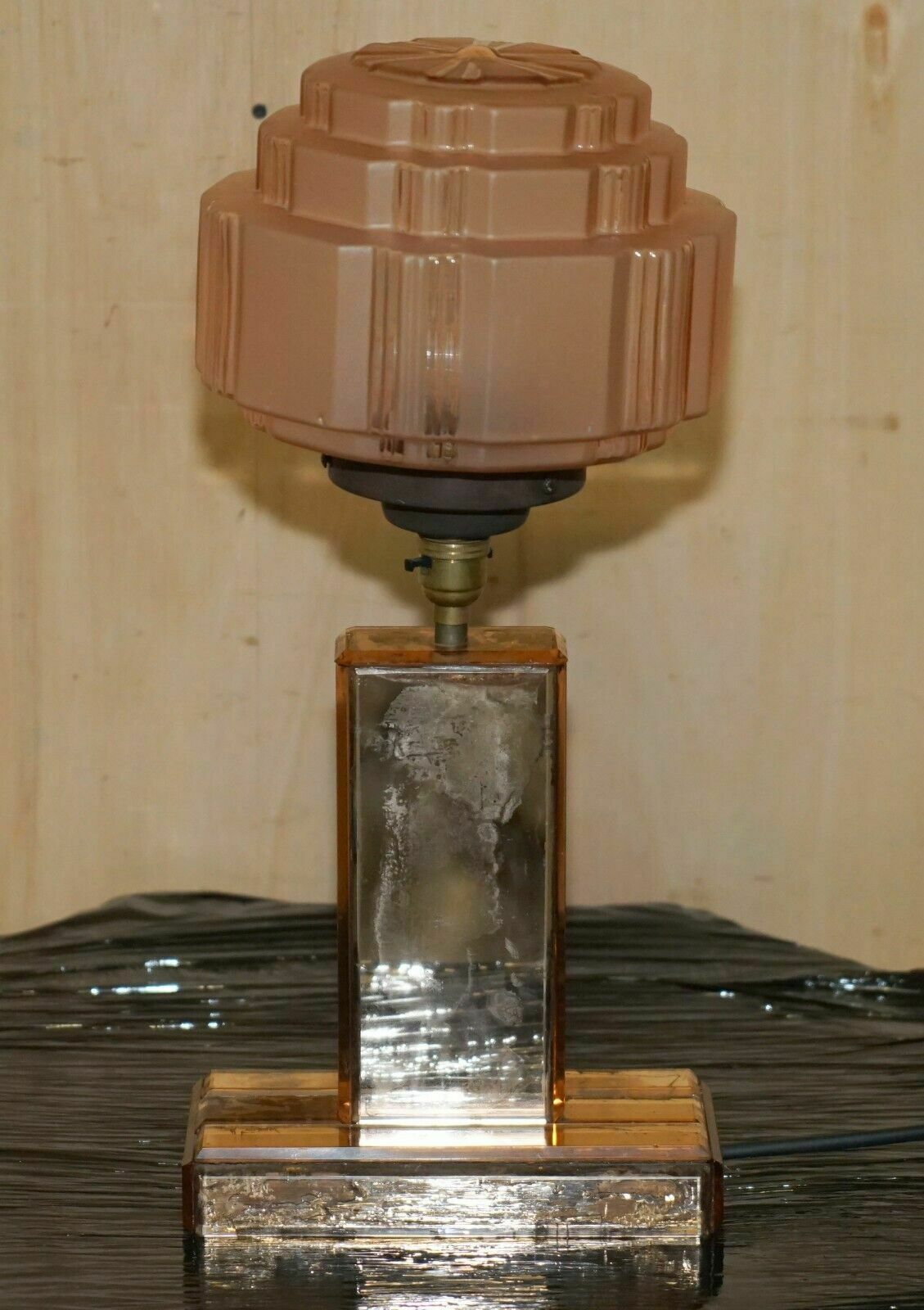 Stunning Art Deco Circa 1930's Peach Glass Table Lamp With Mirrored Panels photo for sale