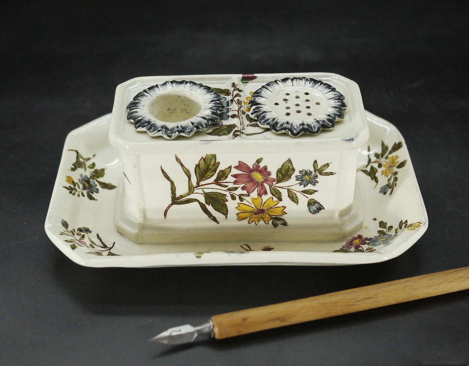 Antique French Faience Ink Pot And Sander
