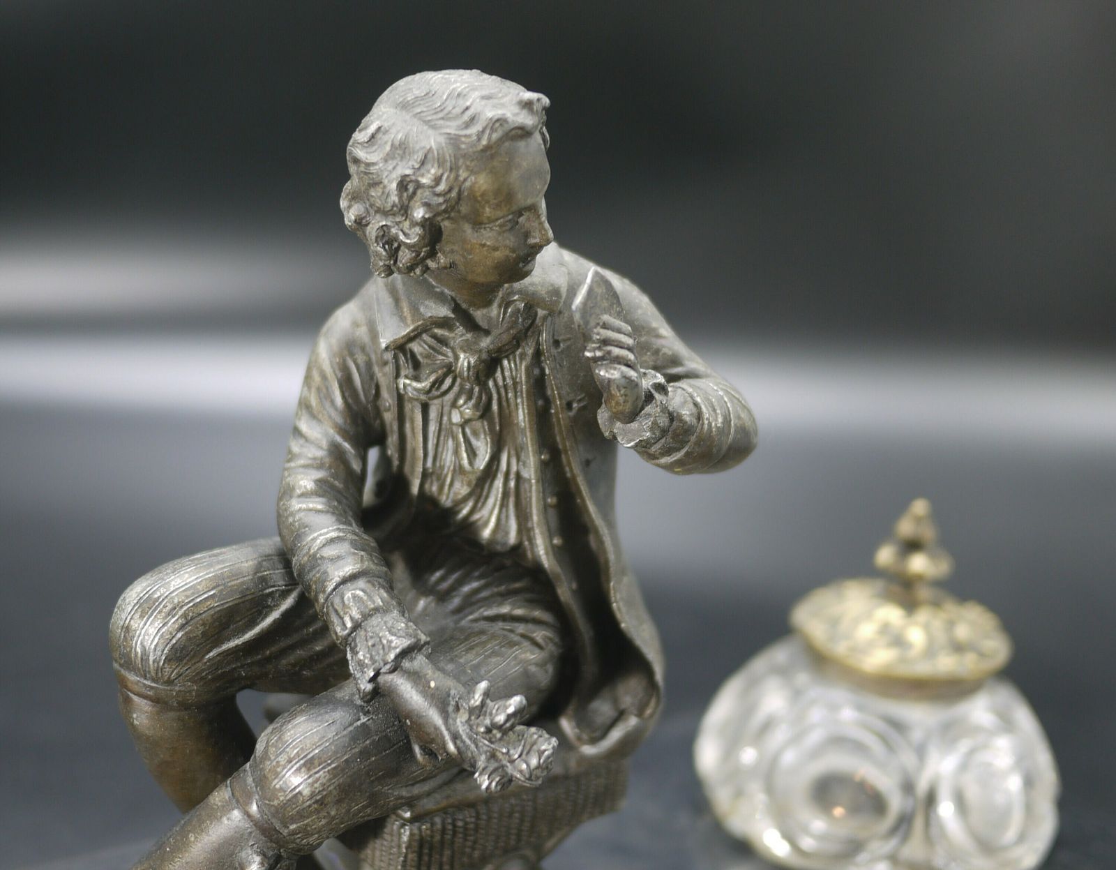 Antique French Double Figural Inkwell On Wood Base photo vinterior