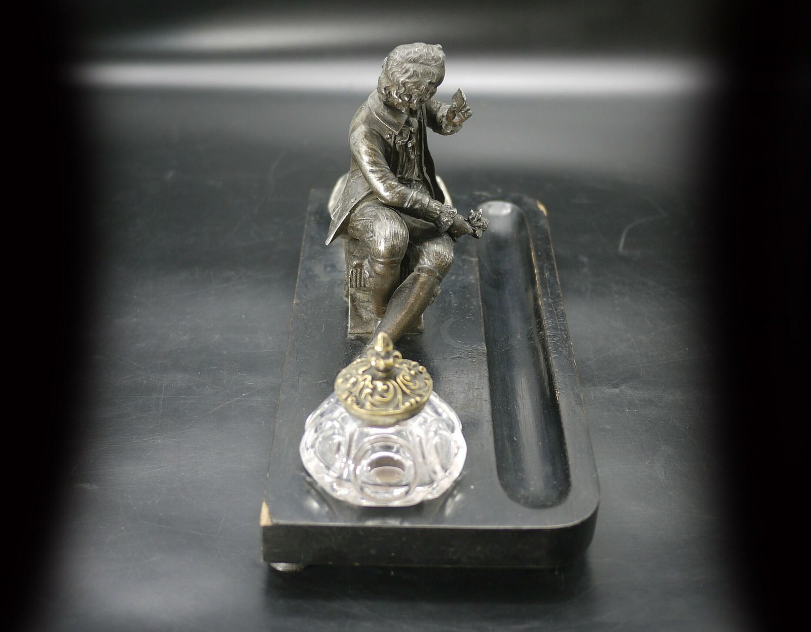 Home Decor Antique French Double Figural Inkwell On Wood Base photo
