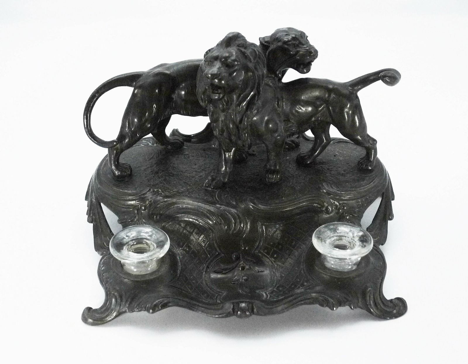 Antique French Spelter Inkstand With Lions, Double Inkwell