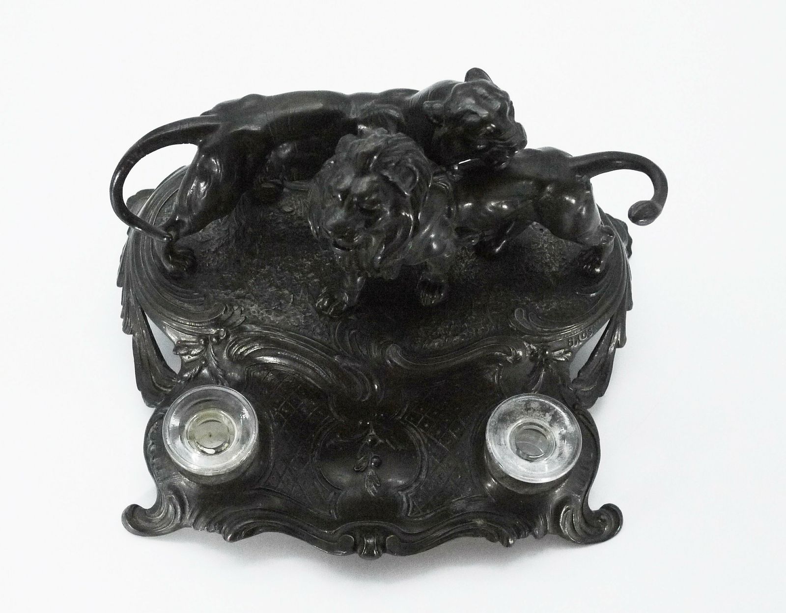 Antique French Spelter Inkstand With Lions, Double Inkwell photo for sale