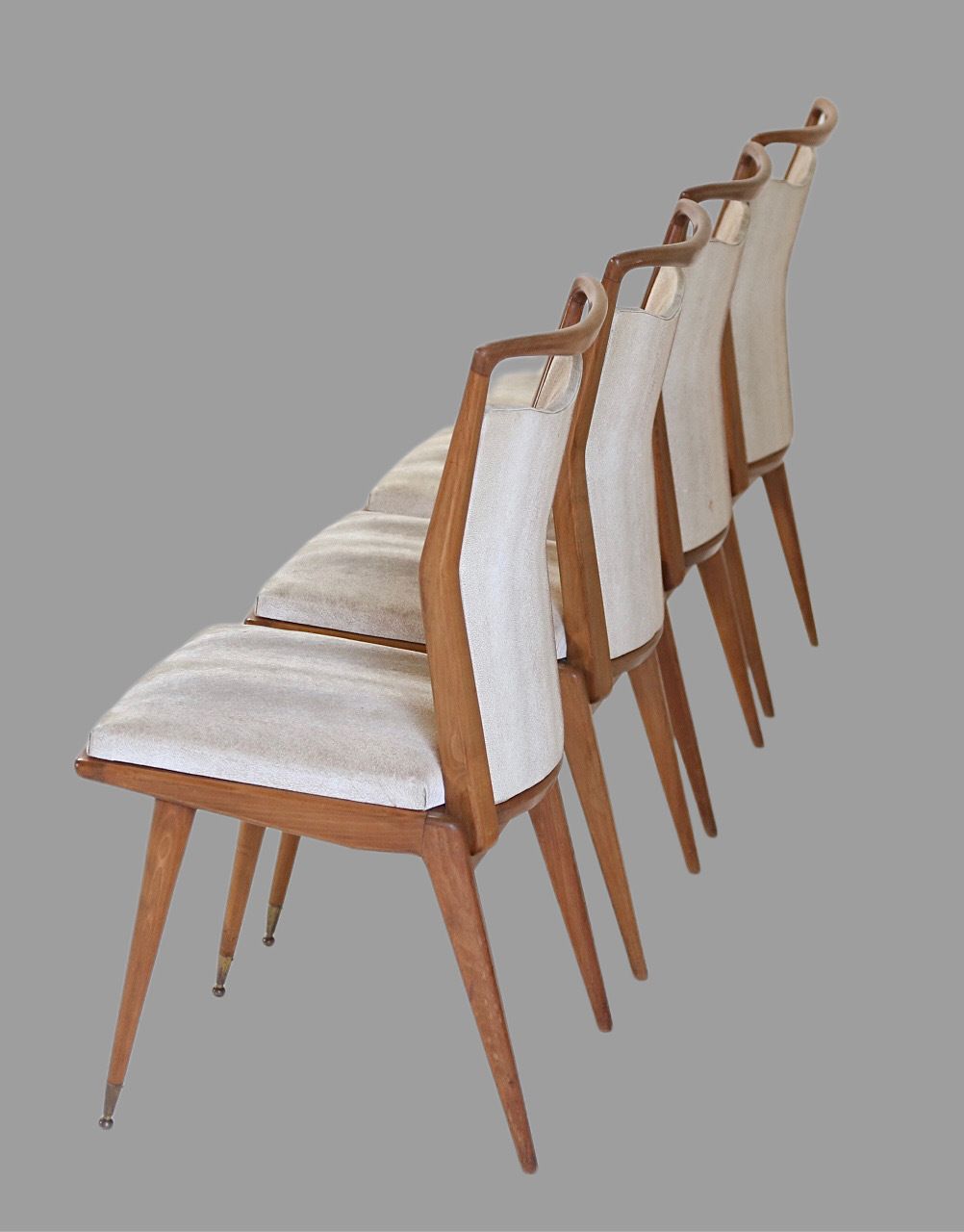 photo for sale Set Of 4 French Mid Century Modern Teak Dining Chairs With Sculpted Brass Sabots