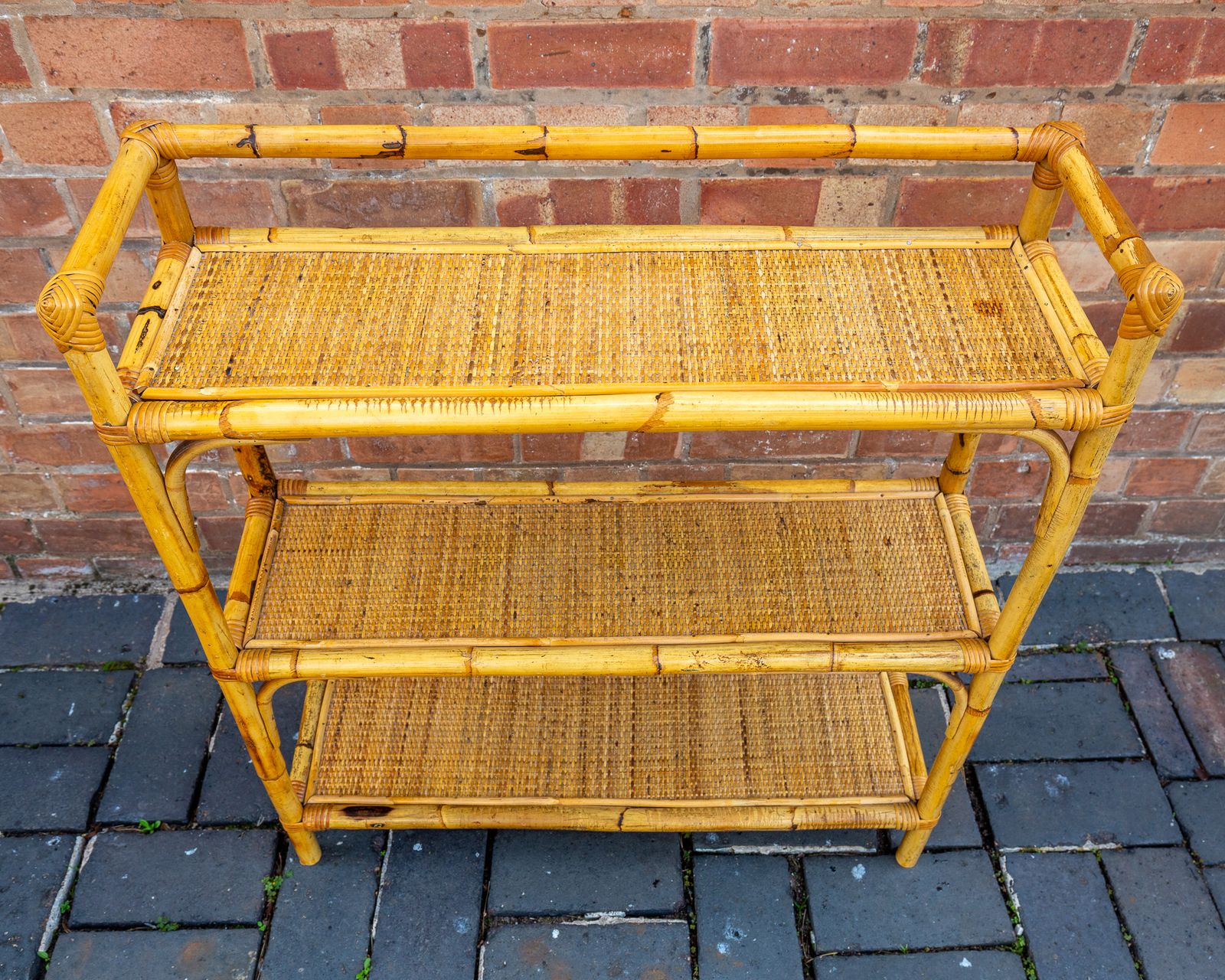 photo vinterior Boho Chic Bamboo Shelves 1970s Mcm Italian Dal Vera Freestanding Bookcase Mid Century Rattan Bohemian Blonde Three Tier Shelving Unit