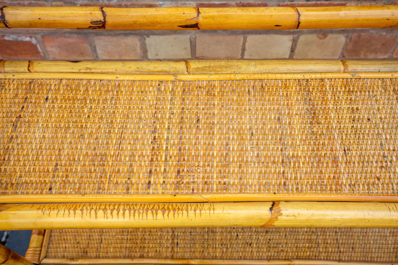 photo for sale Boho Chic Bamboo Shelves 1970s Mcm Italian Dal Vera Freestanding Bookcase Mid Century Rattan Bohemian Blonde Three Tier Shelving Unit