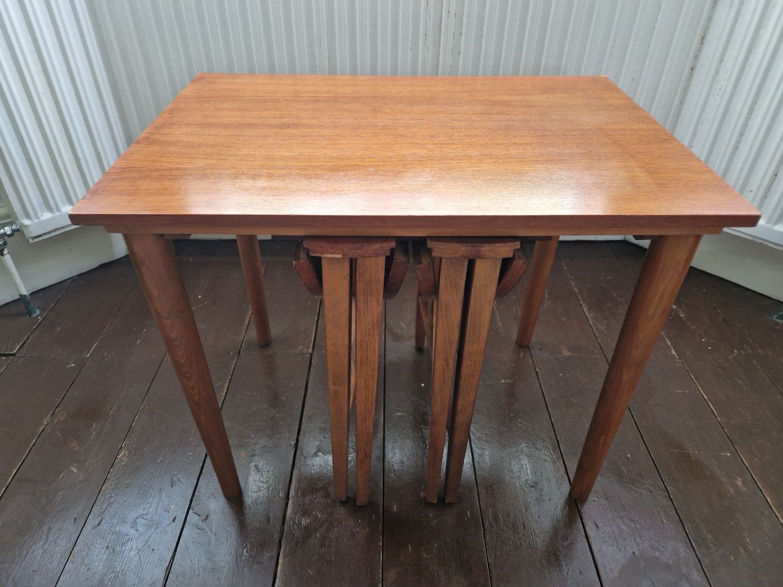Mid Century Set Of X3 Side Tables, 1 Rectangle & 2 Round Shapes
