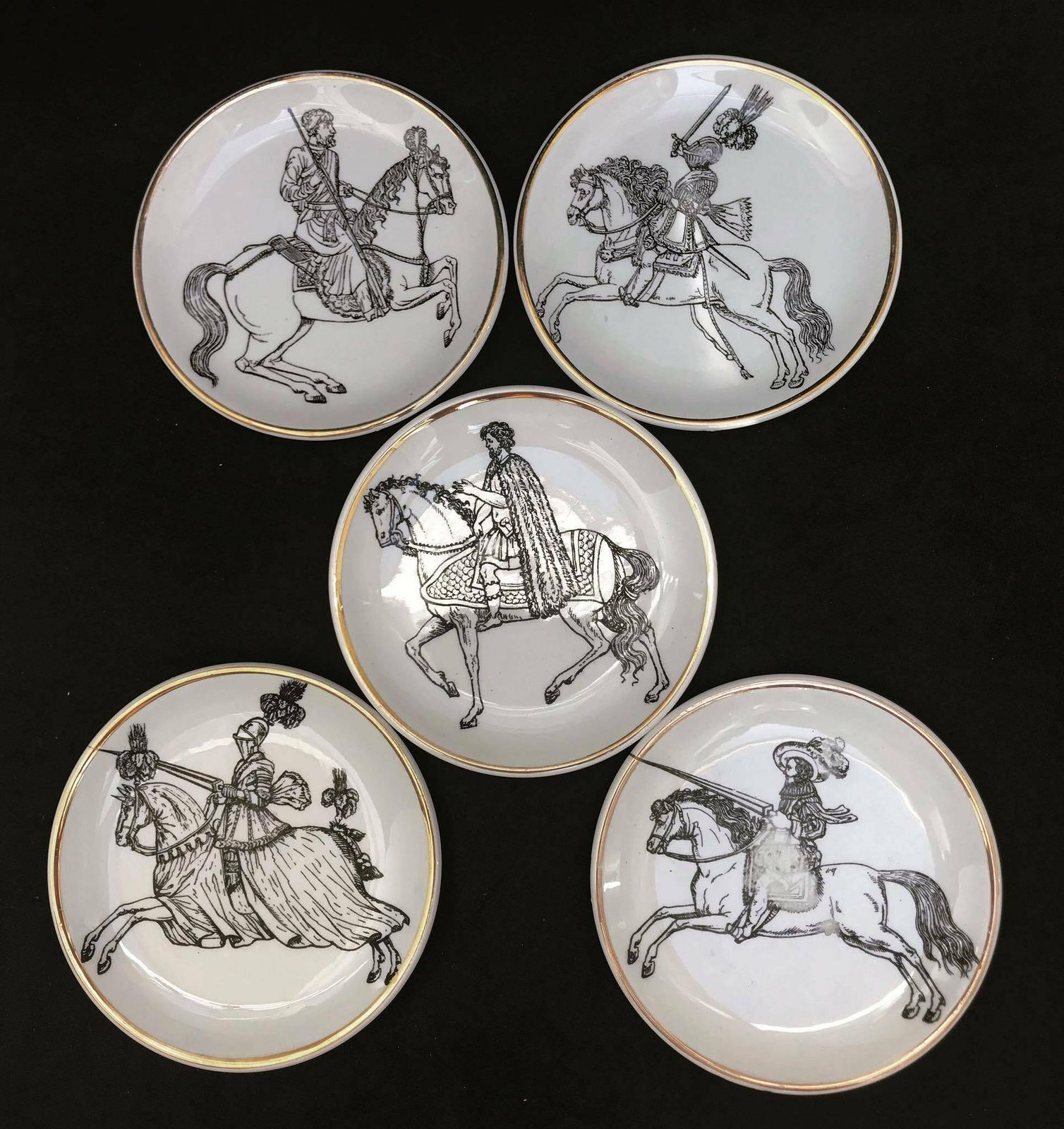 Piero Fornasetti Original Coasters Set 5 Cavalieri Small Plates Wall Art Italian Design White Black Decor Gift For Him