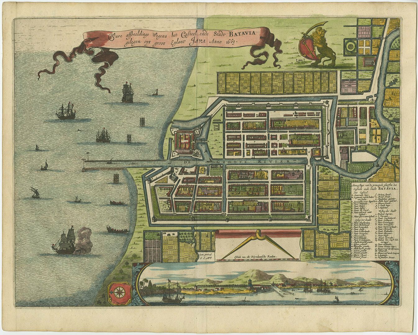 Antique Map Of Batavia With A Vignette Of Volcanoes