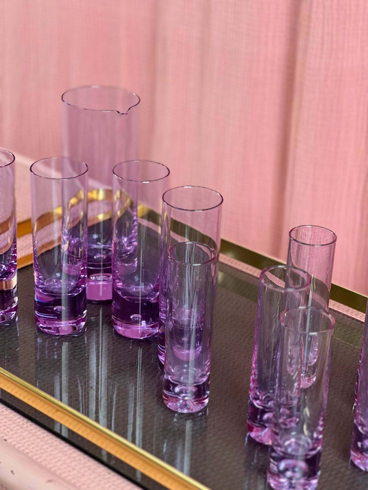 Rare 1970s Gorgeous Purple Crystal Glass Drink Set By Ivat. Made In Italy ~ Alexandrite Glass