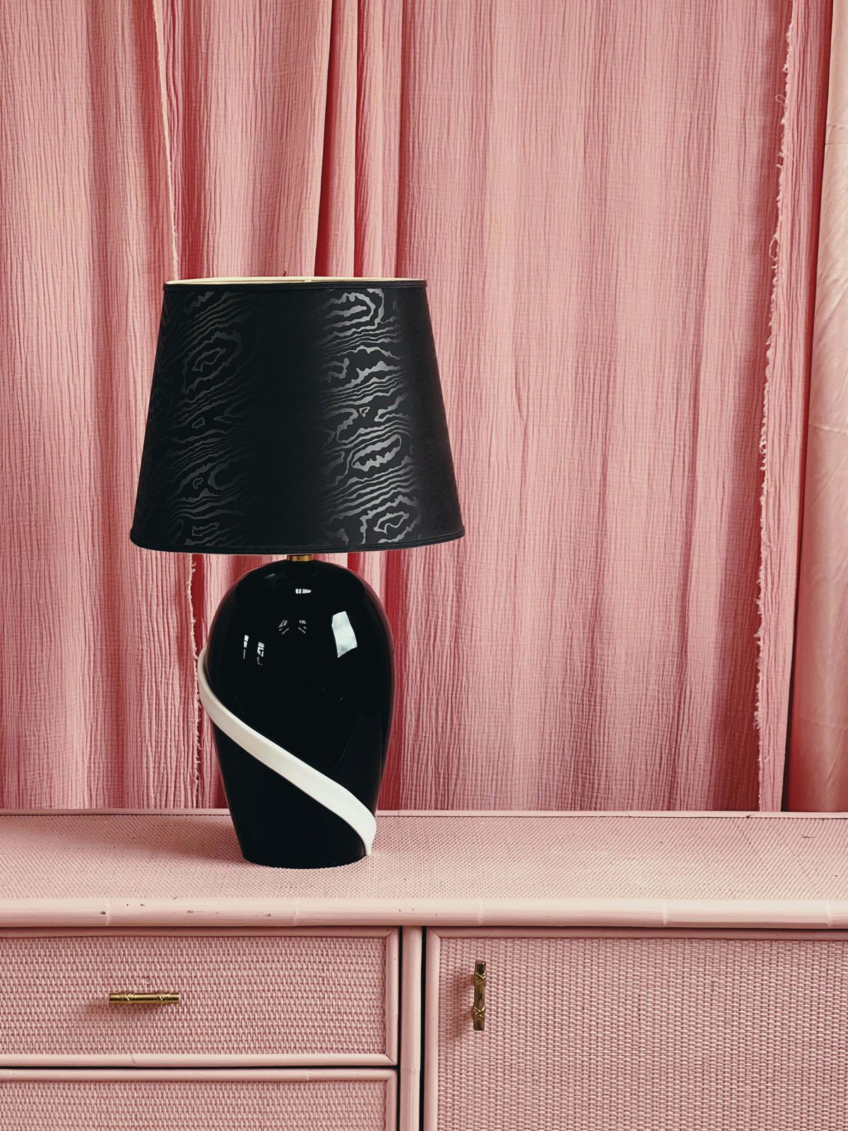 1980s Large Black And White Ribbon Murano Glass Lamp With Original Shade. photo furniture