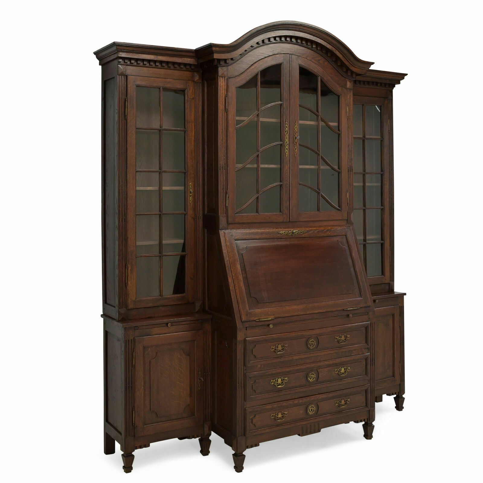Antique! Large Display Cabinet With Secretary, Restored Oak Bookcase