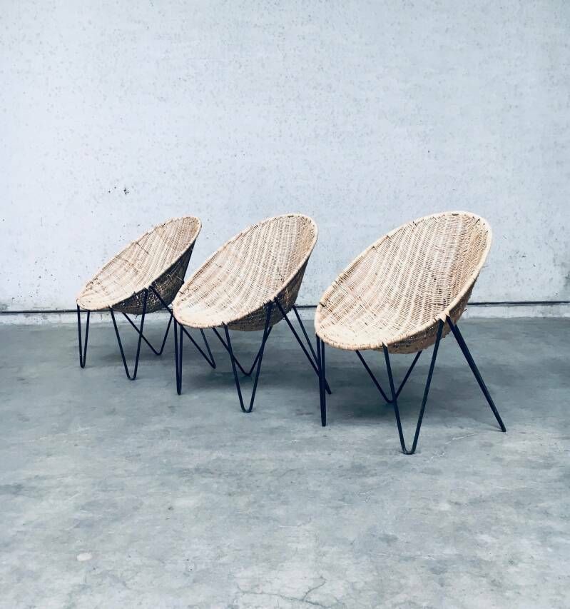 photo furniture Midcentury Modern Design Egg Basket Wicker Chair Set, Italy 1950's