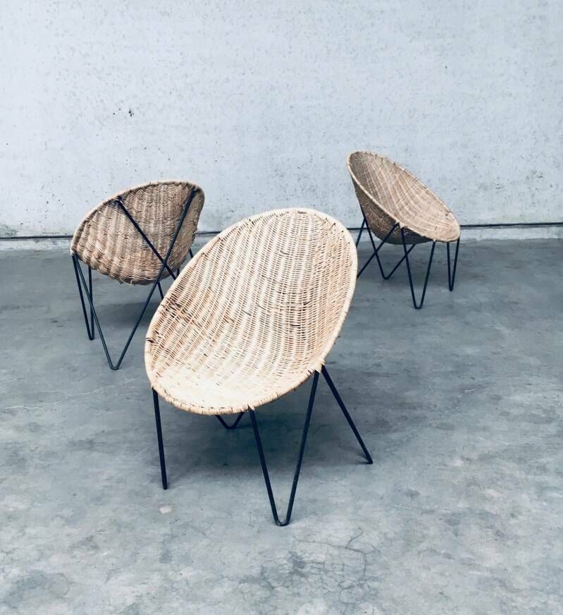 Meubels Mid Century Modern Design Eiermandje Rieten Stoelen, Set, Italië Ca. Jaren 1950 photo