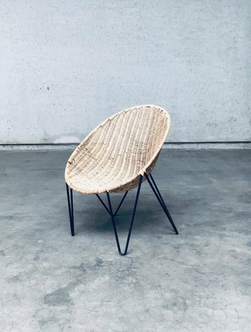 photo vintage Midcentury Modern Design Egg Basket Wicker Chair Set, Italy 1950's