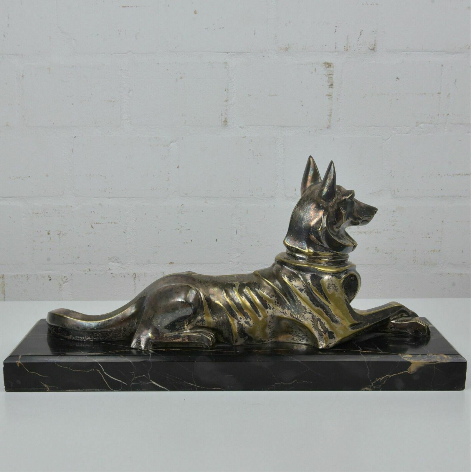 Antique! Bronze Sculpture Silver Plated German Shepherd Dog Petrilly Marble Art Deco photo for sale