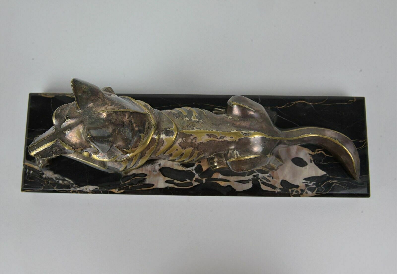 Antique! Bronze Sculpture Silver Plated German Shepherd Dog Petrilly Marble Art Deco photo vinterior