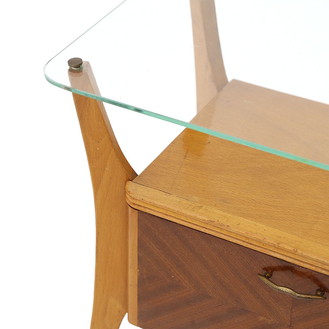 Furniture Pair Of Wooden Bedside Tables With Glass Top, 1950s photo