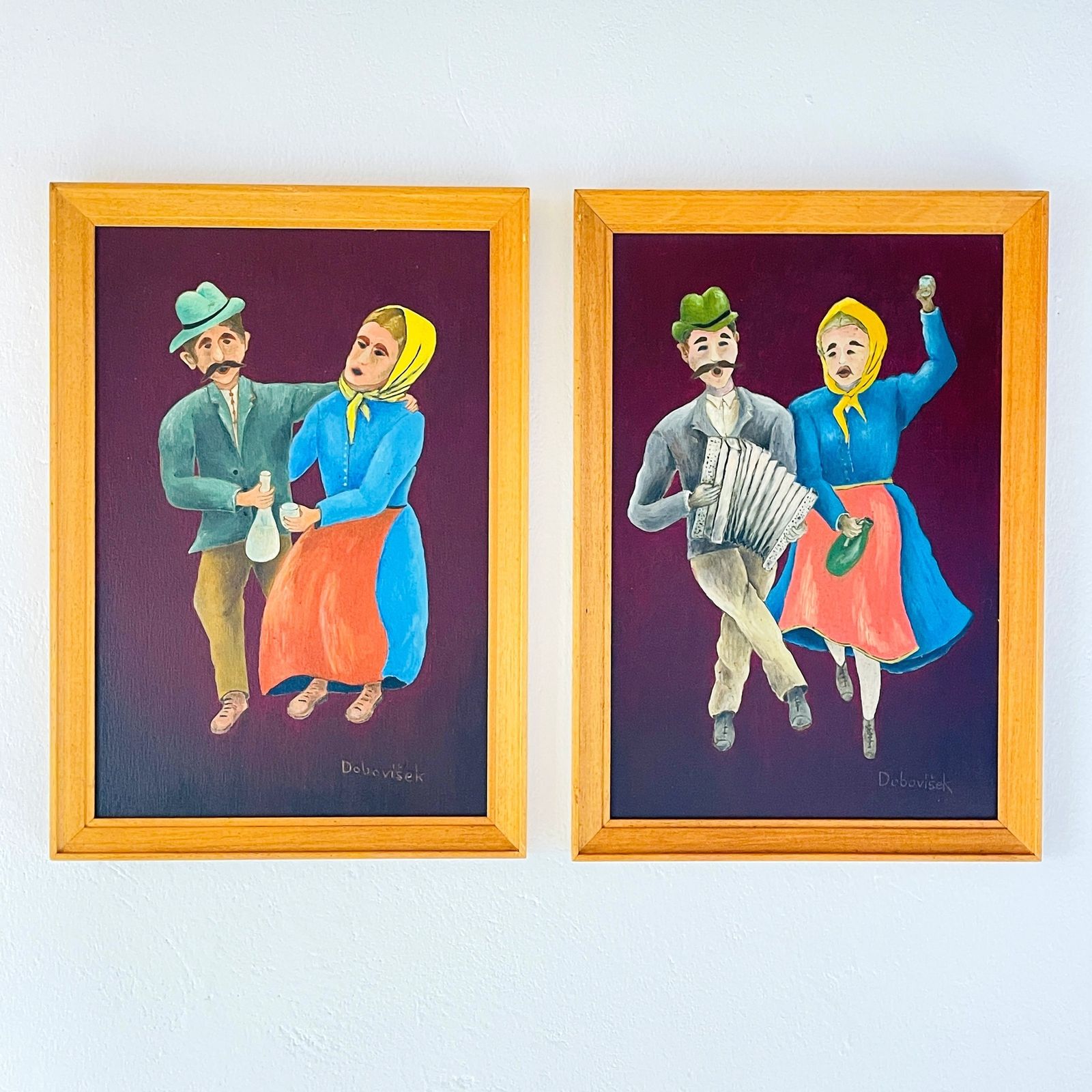 Diptych Paintings In The Style Of Naive Art, Oil, Hardboard, Oto Dobovišek, Yugoslavia 1970s Set Of 2 Folk Art