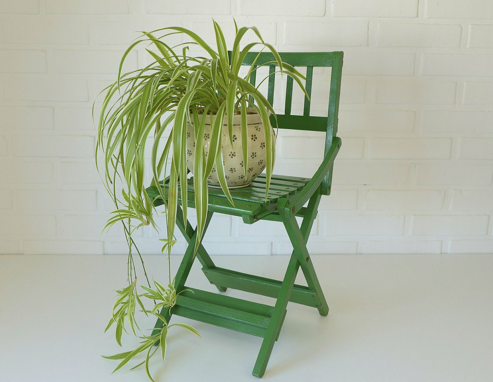 Vintage Wooden Decor / Plant Stand / Rustic Folding Chair / Handmade Furniture / Green Shabby Chic / Small Kids Chair / Yugoslavia 1960's
