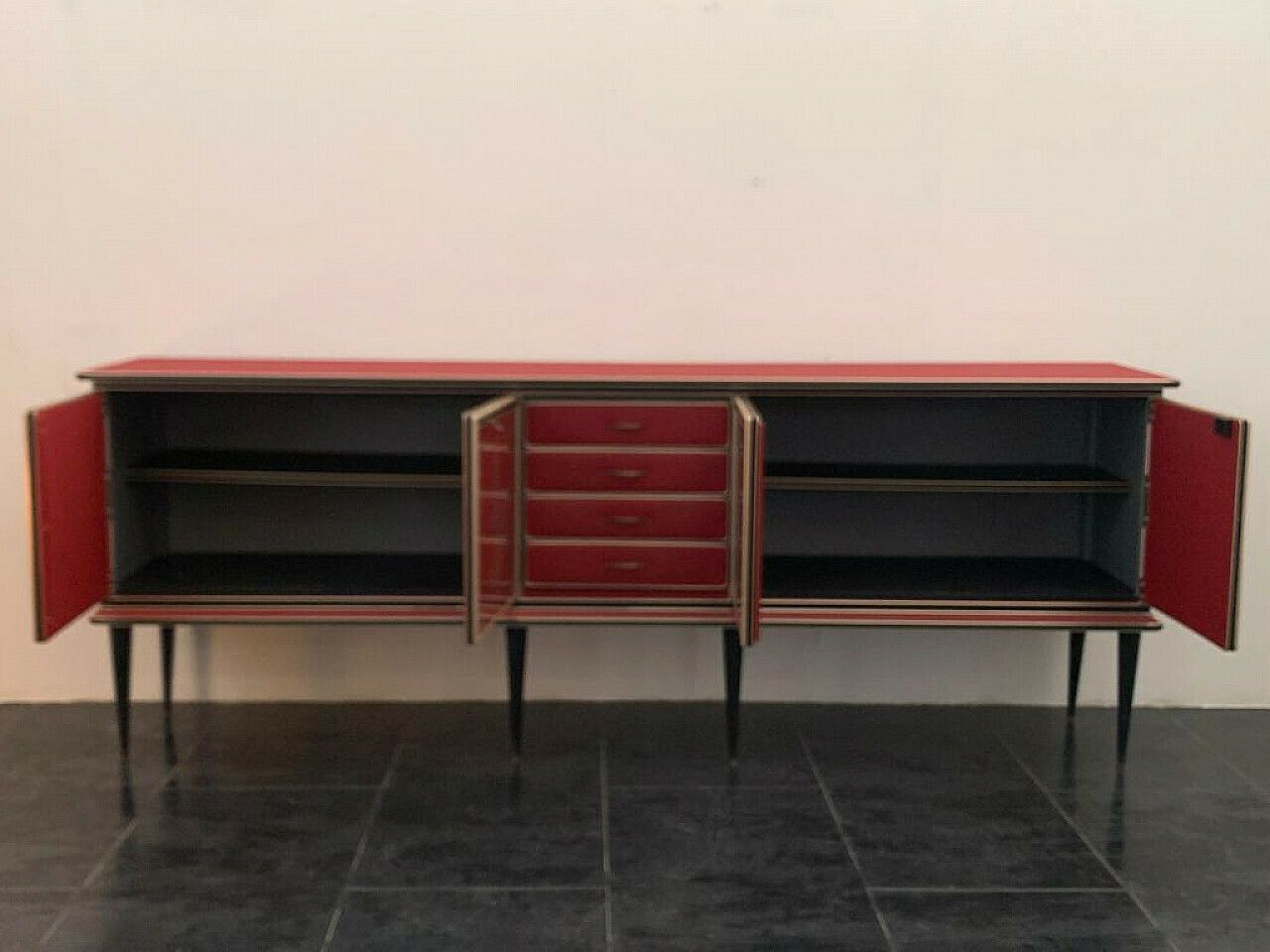 photo vintage Leatherette, Metal And Glass Sideboard By Umberto Mascagni, 1950s