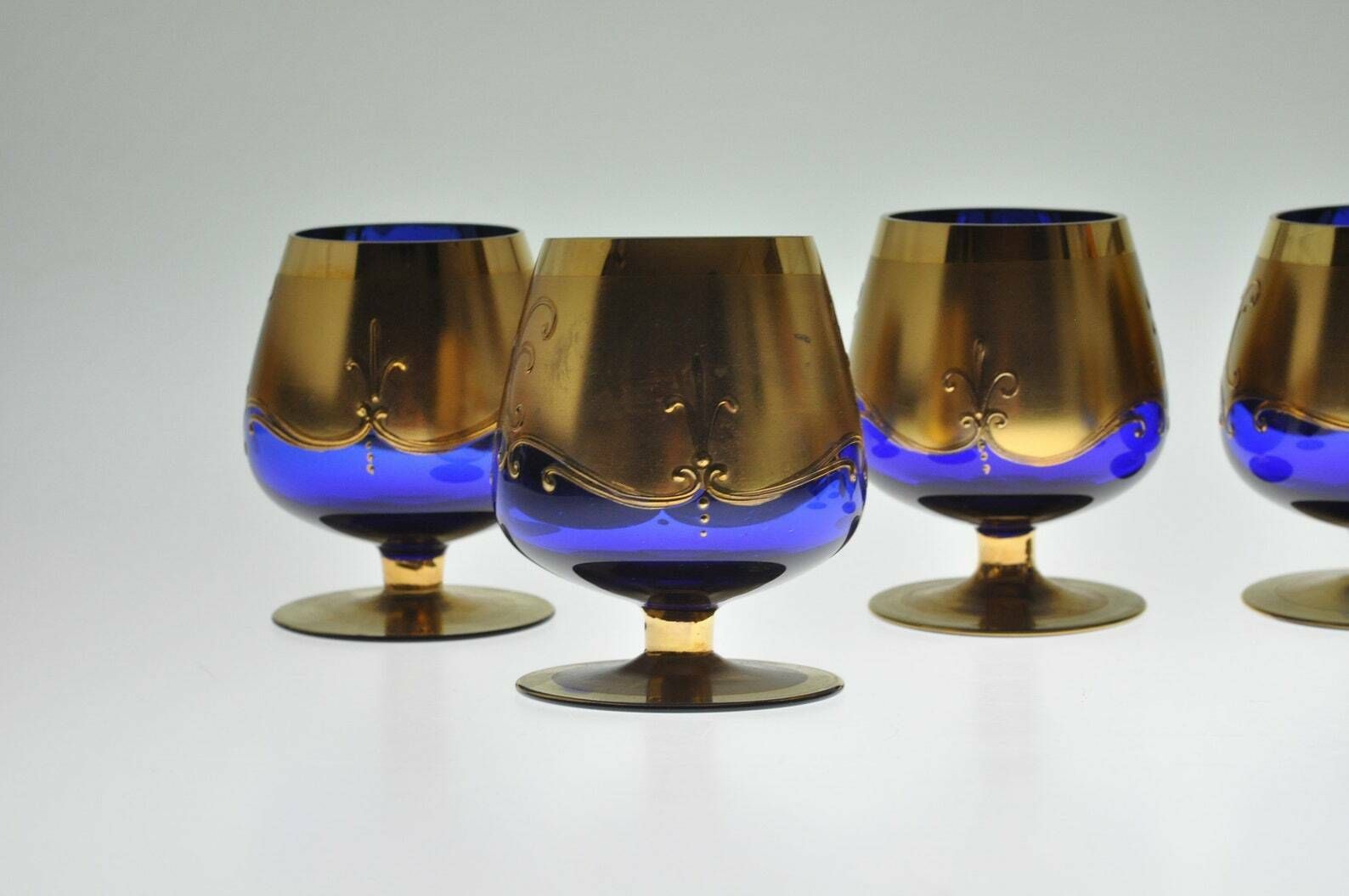 6 Vintage Boheemse Tsjechische Kelken, Handgemaakt Glas, Vintage Kelken, Kelkglazen, Whiskyglazen, Geëmailleerd Glas, Verguld Glas photo buy