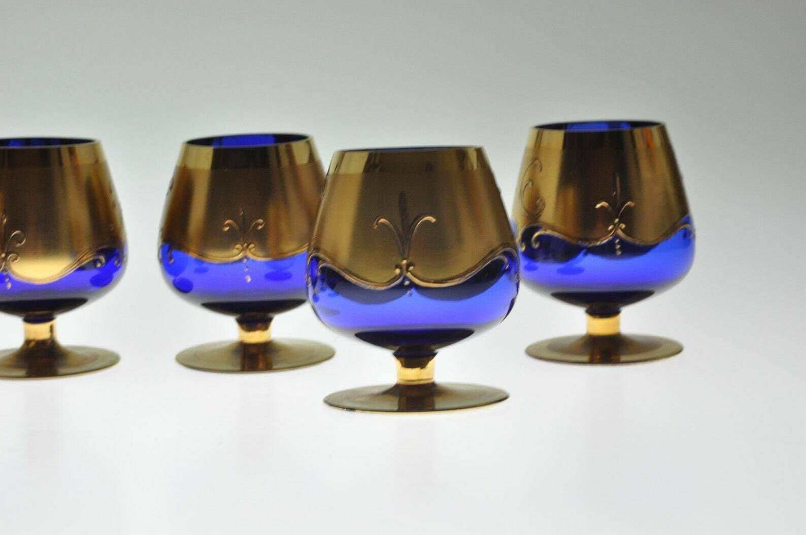 6 Vintage Bohemian Czech Goblets, Handmade Glass, Goblets Vintage, Goblets Glasses, Whiskey Glasses, Enameled Glass, Gold Plated Glass photo vintage
