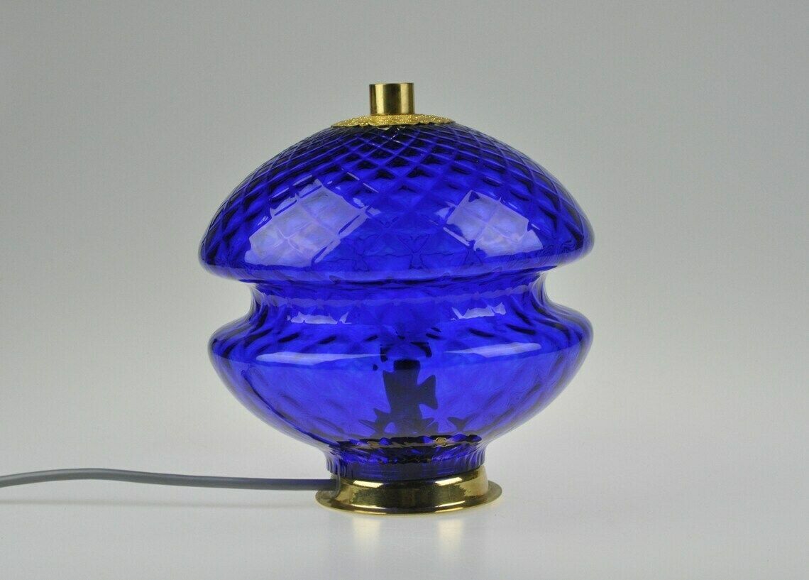 Vintage Sfeerlamp, Mid Century Lamp, Bureaulamp, Tafellamp, Nachtkastlamp, Mid Century Glazen Lamp, Vintage Lamp, Vintage Verlichting, Blauwe Lamp photo for sale