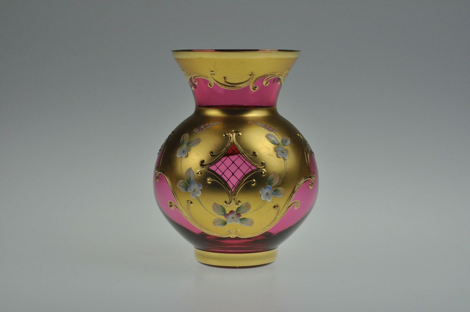 24k Gold Enamel Glass Vase, Glass Vase, Czech Glass, Art Glass, Vintage Glass, Hand Made, Enamel Vase, Red Vase, Czech Glass Vase