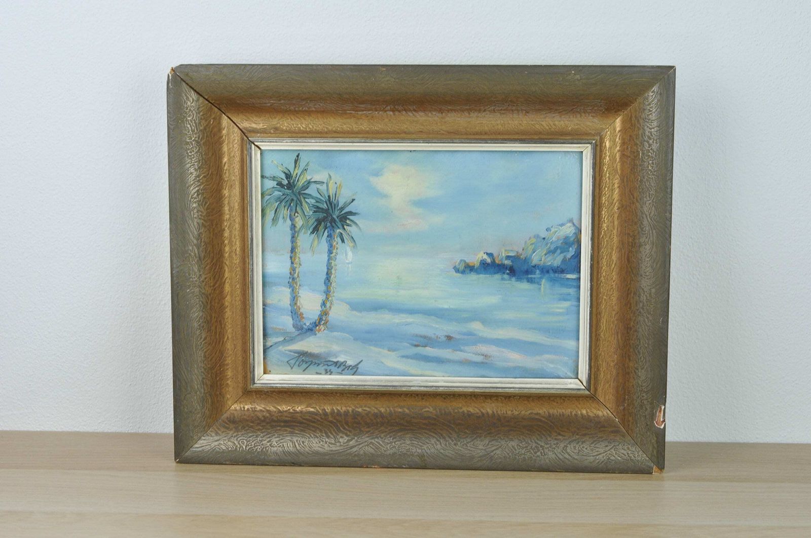 Vintage Oil Painting, Antique Oil Painting, Signed Oil Painting, Palms On The Beach Painting, Framed Oil Painting, Wall Decor, Wall Hangings