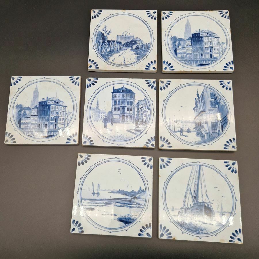 Lot Of Seven Ceramic Tiles By Villeroy & Boch Metlach. 1900   1920