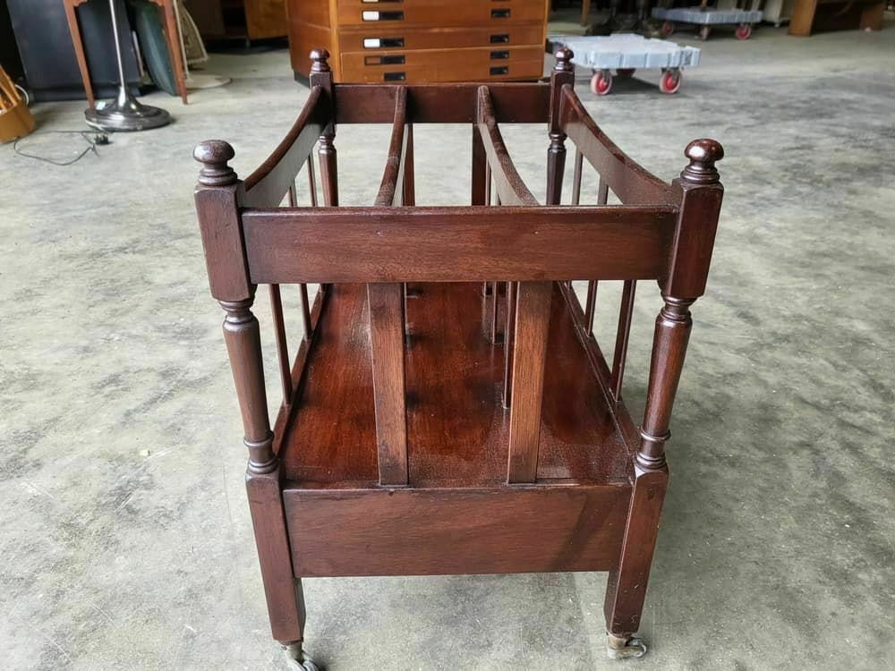 photo furniture Antique Repro Mahogany Canterbury Magazine Book Rack Drawer.Castors