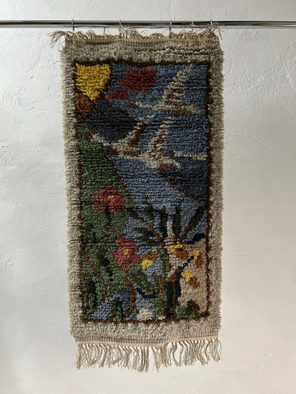 High Pile Wool Rug Scandinavian Birds Floral Sweden Vintage photo furniture