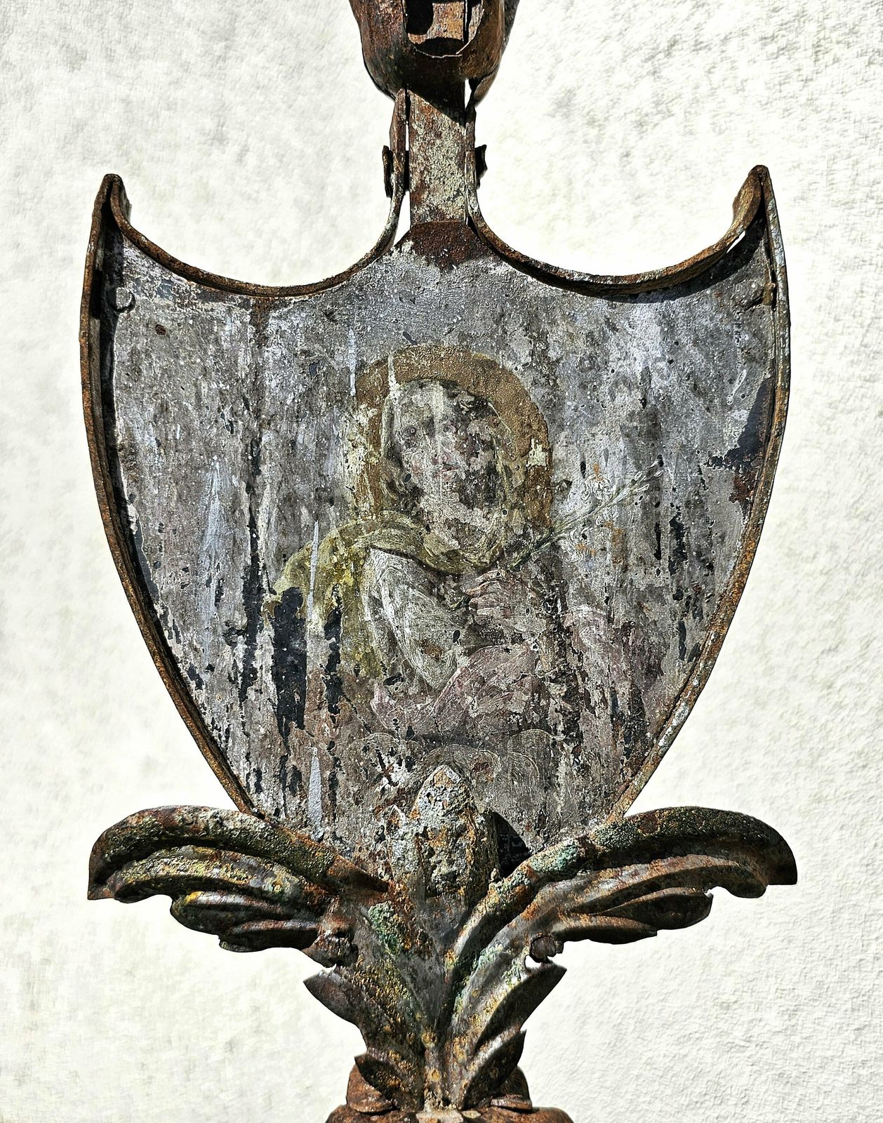 Antique Baroque Wrought Iron 3 Arm Candelabra With Fresco Of Saint Joseph Made In Austria In Early 18th Century photo for sale