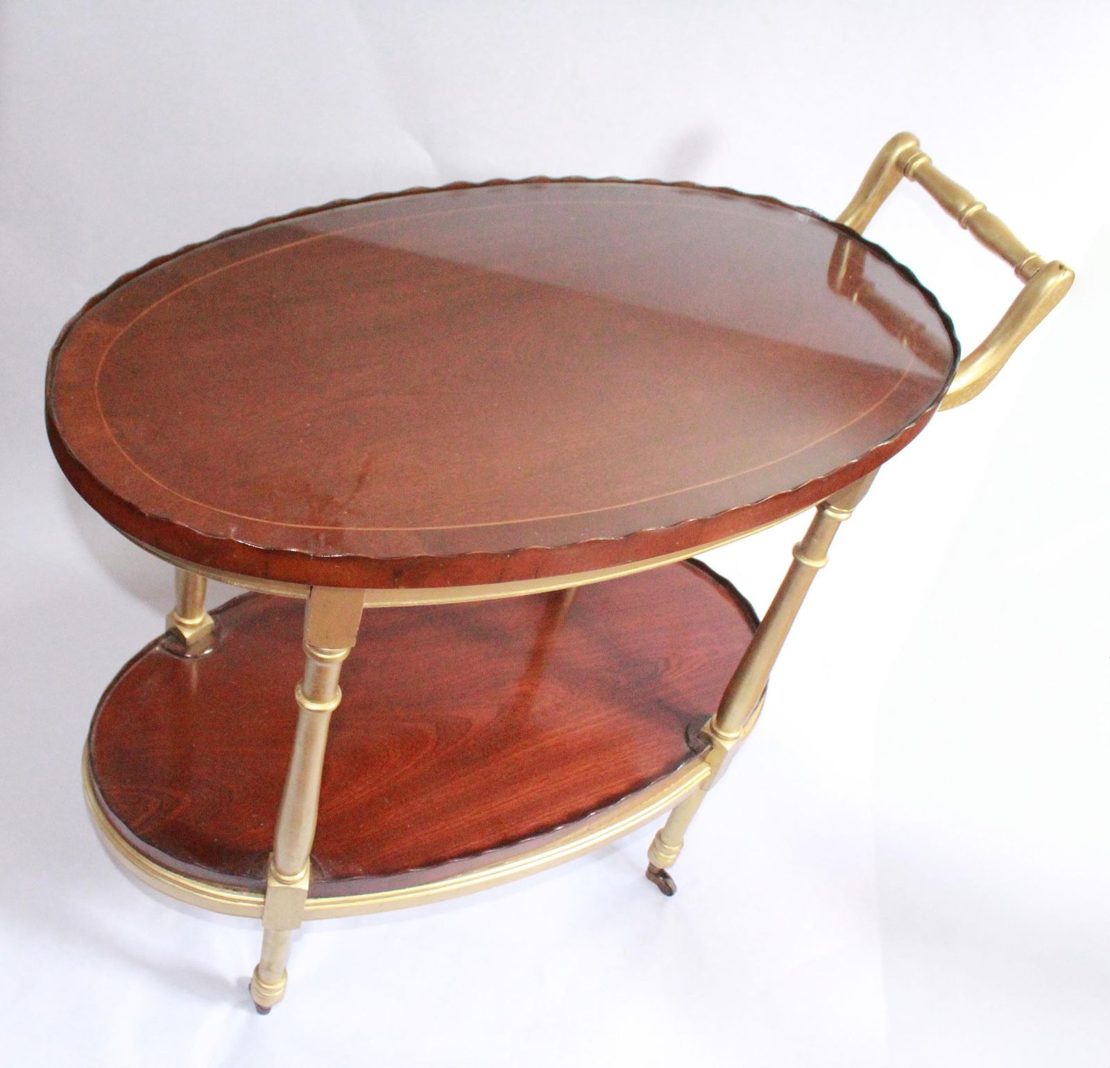 photo furniture Reproduction Oval Mahogany & Inlaid Reception Drinks Trolley On Castors.