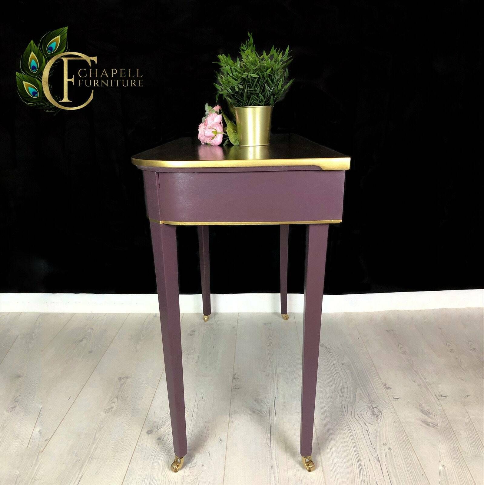 Victorian Mahogany Vintage Hall Table, Console Table, Side Table, Writing Desk, Hand Painted In Deep Purple And Gold photo furniture