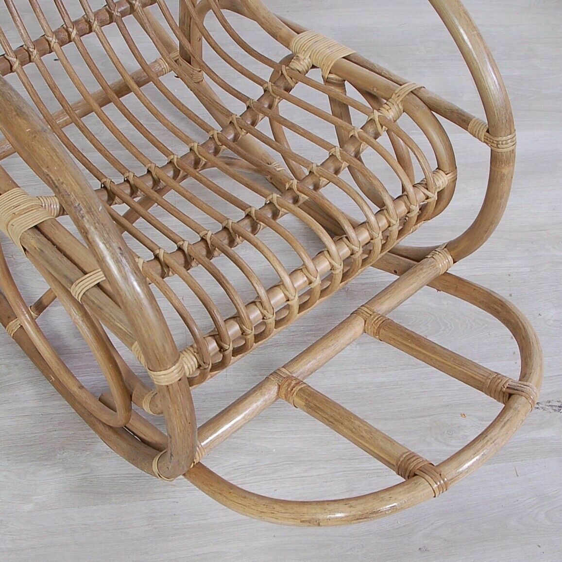 Vintage Bamboo Rocking Chair Sitting Reading Fireplace Mountain Countryside 70s photo vinterior