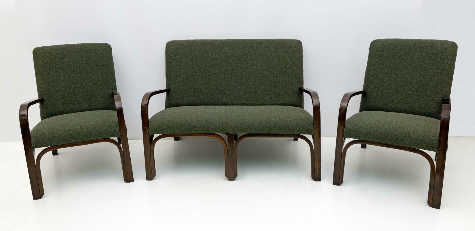 Art Dèco Italian Green Bouclè Two Armchairs And Small Sofa, 1930s