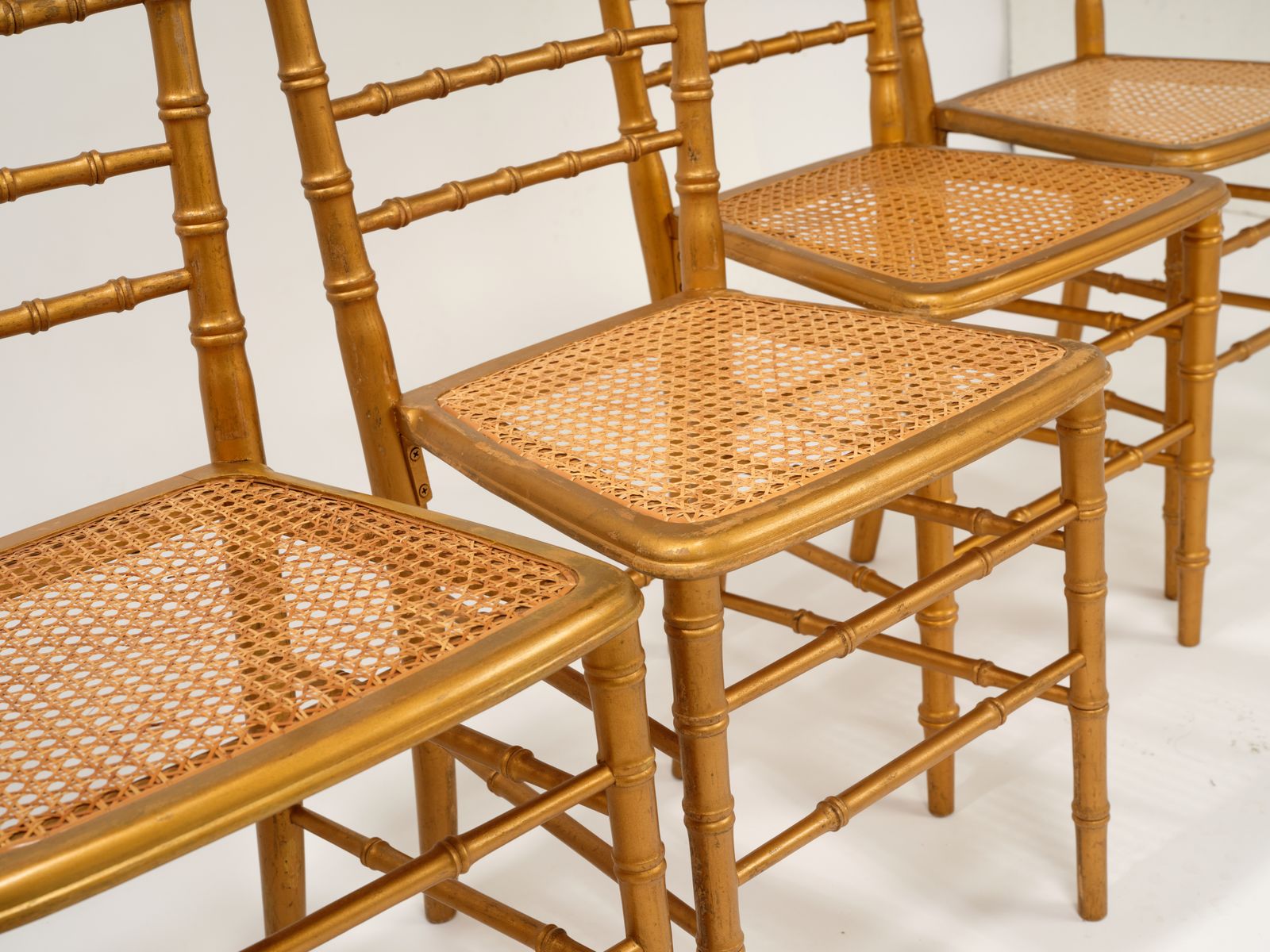 Set Of 6 Lovely Antique French Giltwood Cane Seated Dining Chairs, France Circa 1930’s photo for sale