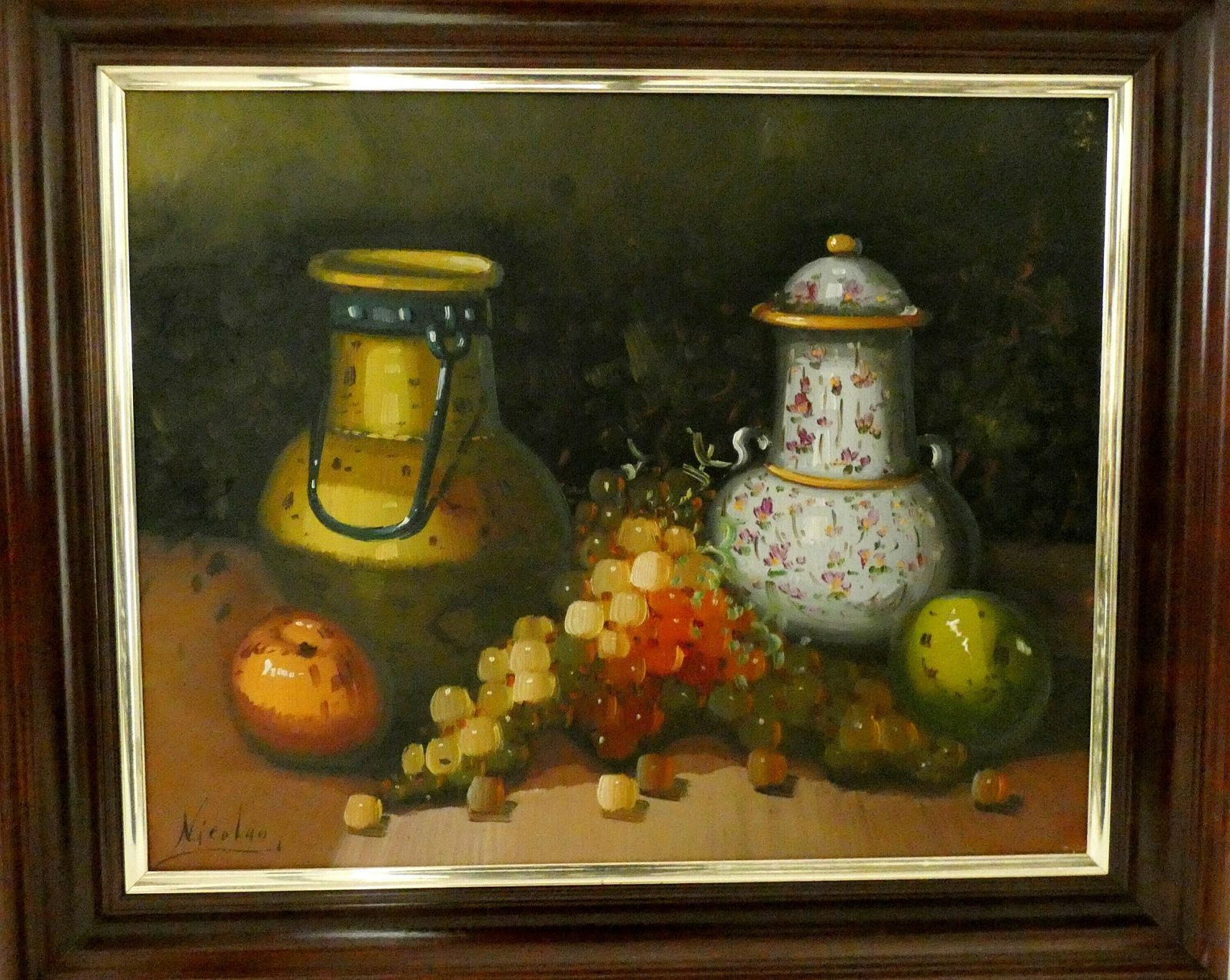 Frans Stilleven – Olieverfschilderij Op Doek Met Koffiepot, Kan, Appels, Peren En Druiven – Antiek Frans Keukenschilderij photo furniture