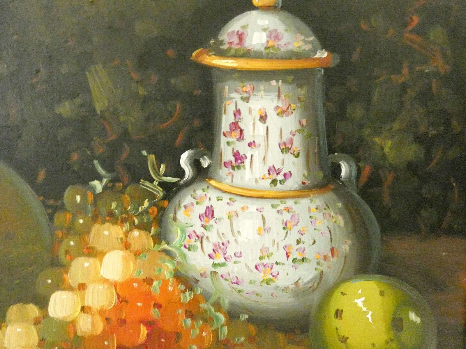 Frans Stilleven – Olieverfschilderij Op Doek Met Koffiepot, Kan, Appels, Peren En Druiven – Antiek Frans Keukenschilderij photo buy