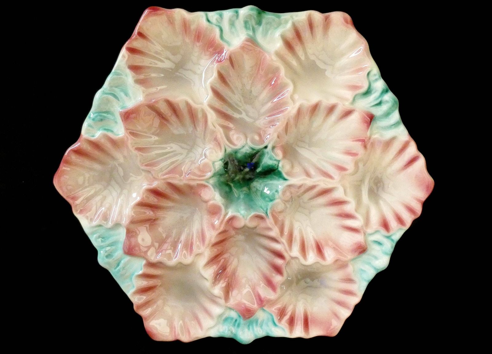 Zeldzame Antieke Orchies Oesterschotel – Frans Turquoise En Roze Majolica, Ca. Jaren 1880