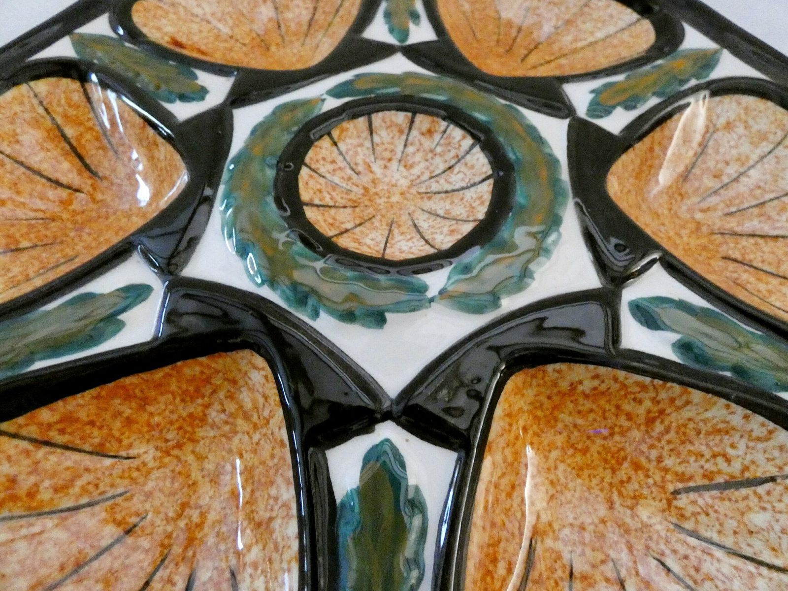 1 Vintage St Jean De Bretagne Oyster Plate Majolica Oyster Platter, Mid Century French Brown White Ceramic Oyster Platter Collection photo vintage