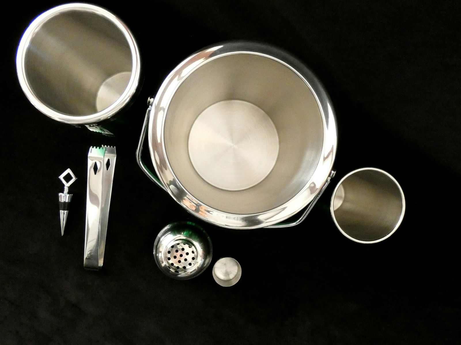 Retro Cocktail Set, Vintage Cocktail Shaker, French Ice Bucket, Stainless Steel Bottle Holder, Green And Inox Bar Set France 70s photo Home Decor