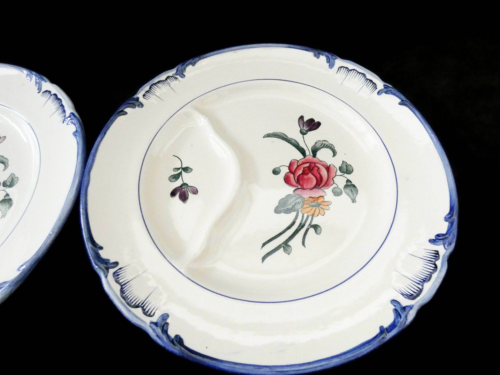 2 Antique Longchamp Terre De Fer "Velars" Asparagus Plates, Hand Painted Ironstone Asparagus Platters France 1915 photo for sale