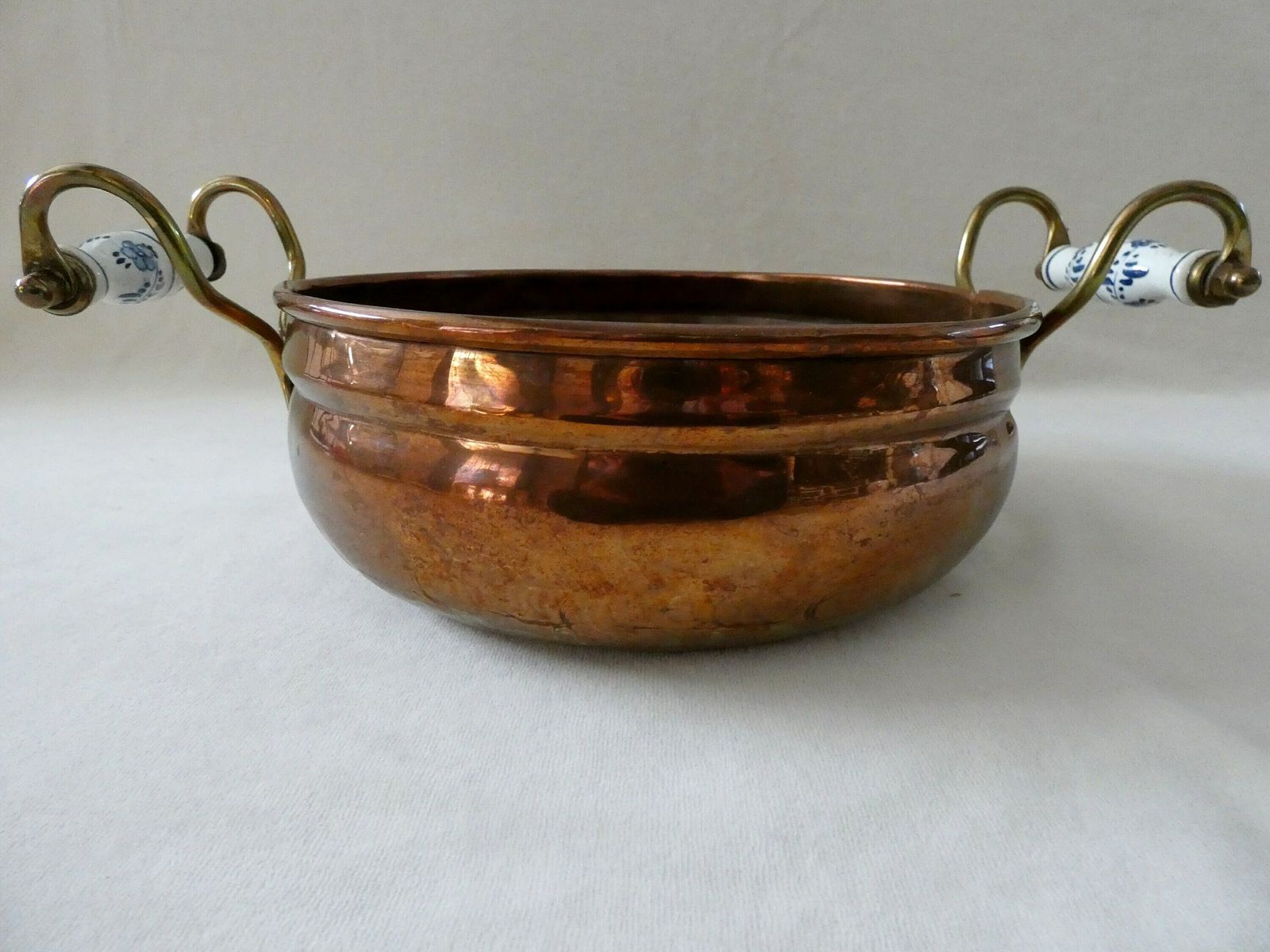 Vintage French Copper Planter Antique Jardiniere Delft Ceramic Handles photo 77.0